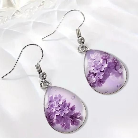 Purple Floral Tear Drop Fish Hook Earrings - Picture 3 of 6